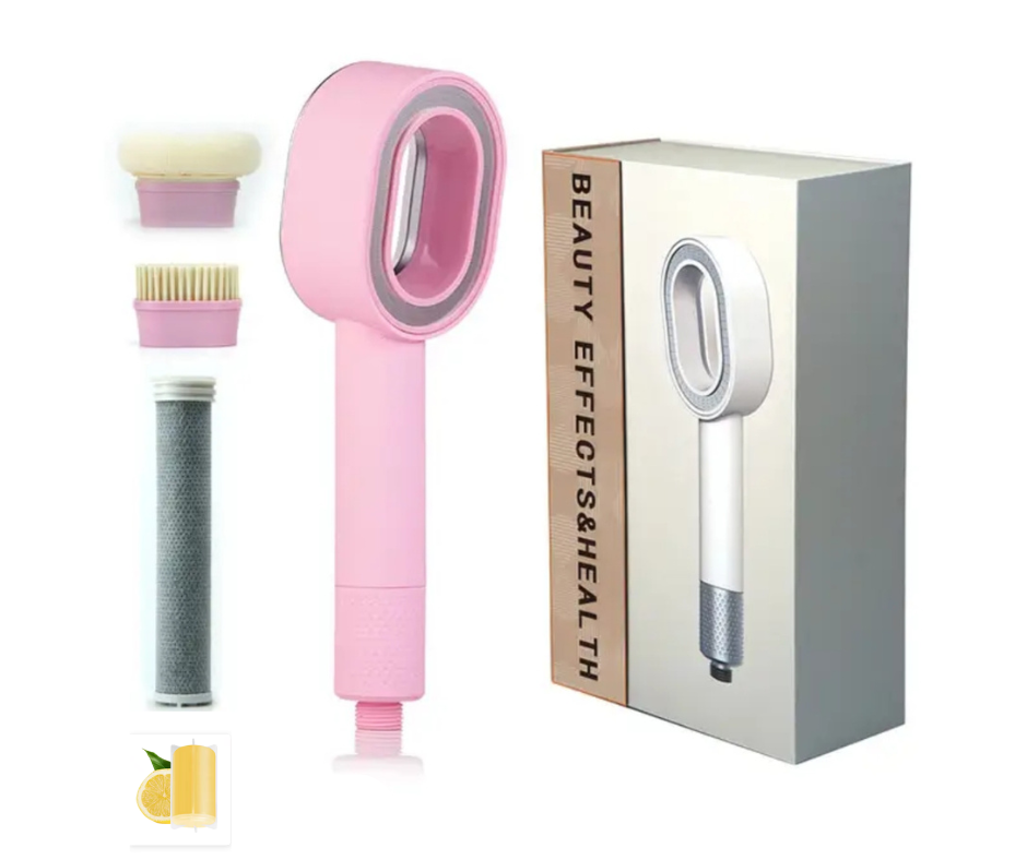phot du coffret pommeau couleur rose design avec filtre anti chlore et anti calcaire coffret brosse et éponge