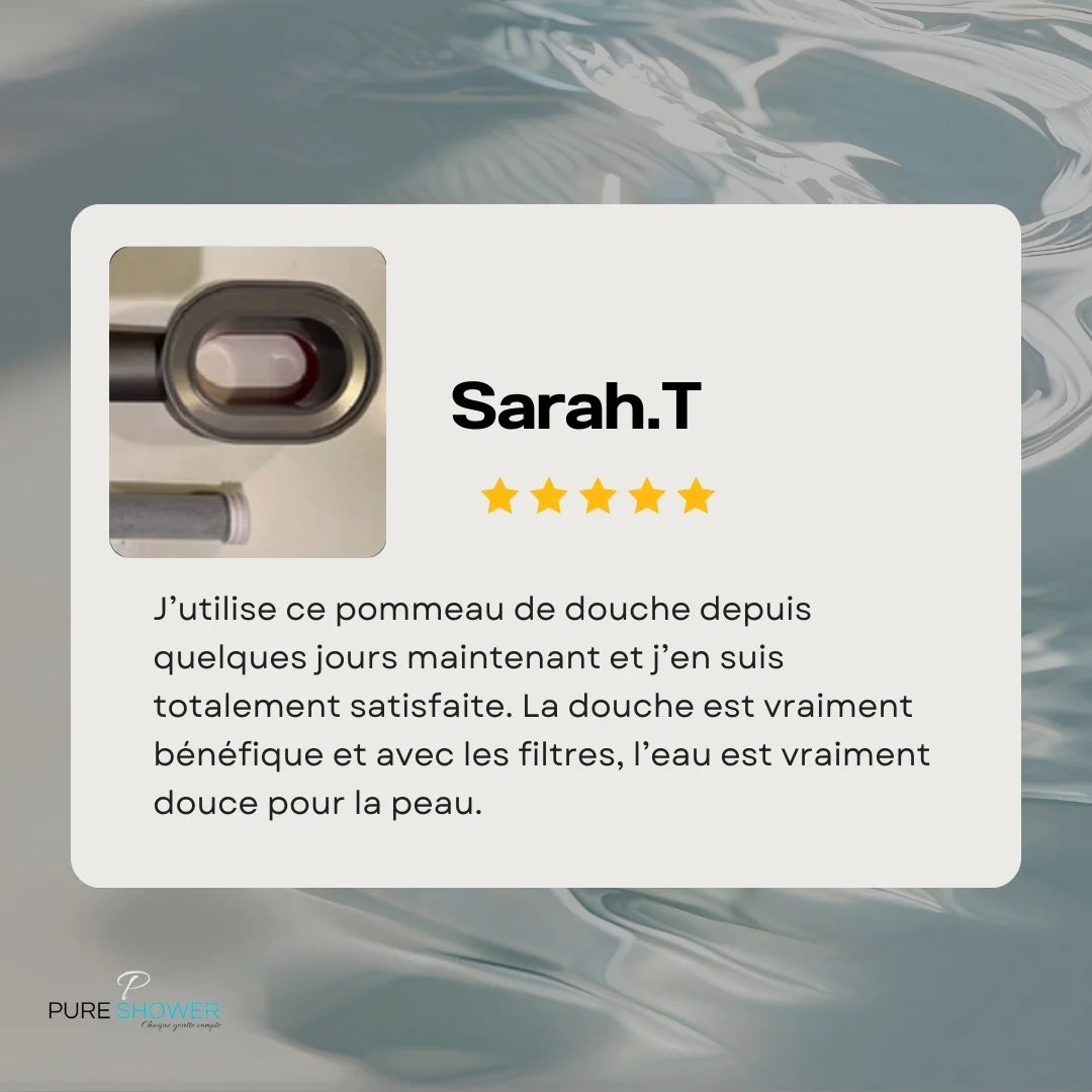 cette photo décris un avis client du pommeau gris avec un filtre d'un cliente qui a l'air satisfaite