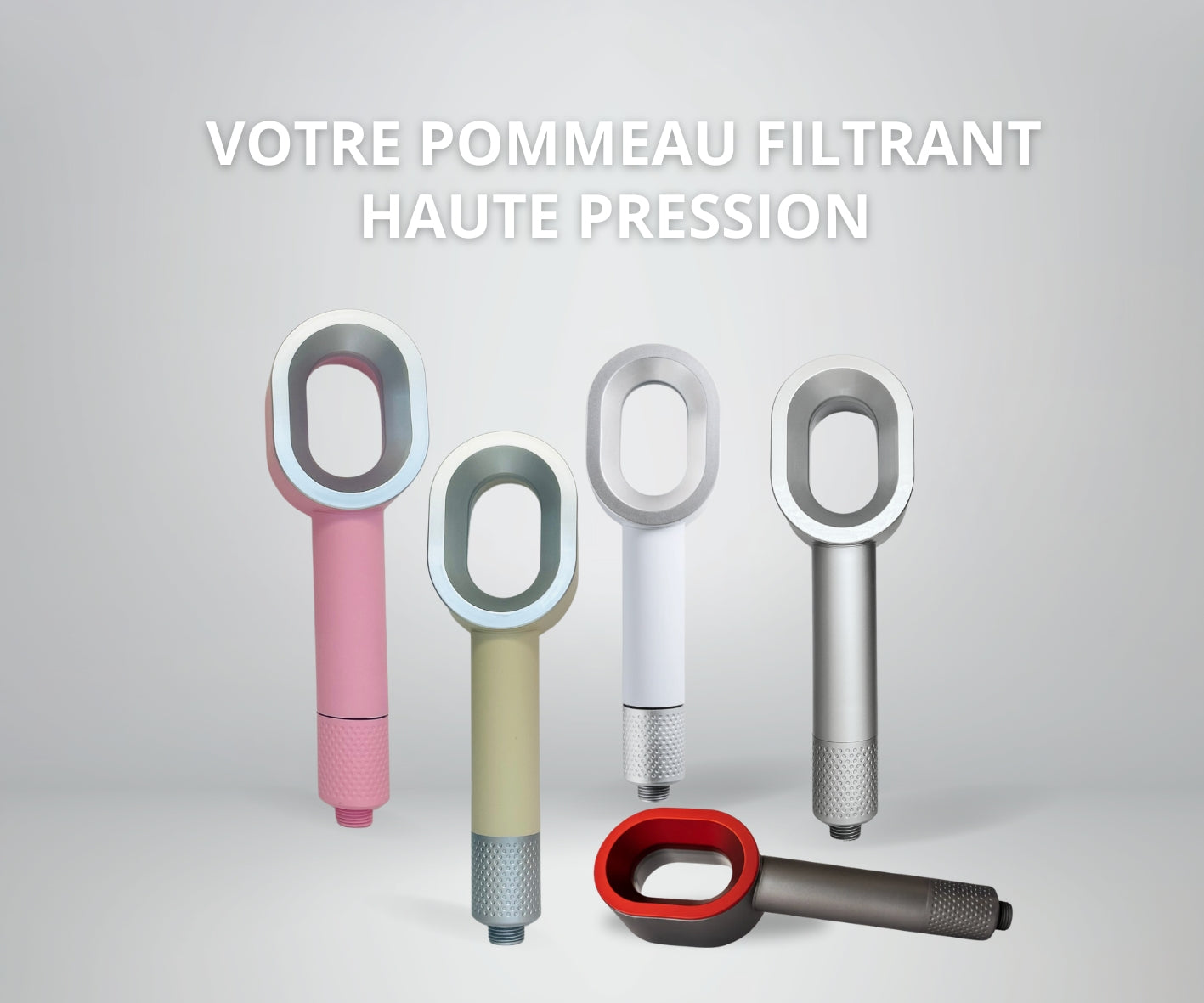 Photo de présentation du pommeau filtrant avec filtre acf design moderne filtration calcaire economiseur d'eau et haute pression prix attractif sotck en france livraison rapide, couleur sur la photo de gauche a droite : rose, beige, blanc, gris, gris antracite