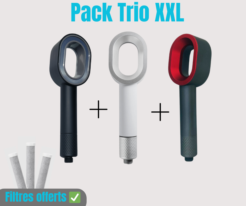 Le Pack Trio MyPureShower comprend 3 pommeaux de douche et 5 filtres dont 2 offerts. Offrez à votre famille une eau plus saine et économique.