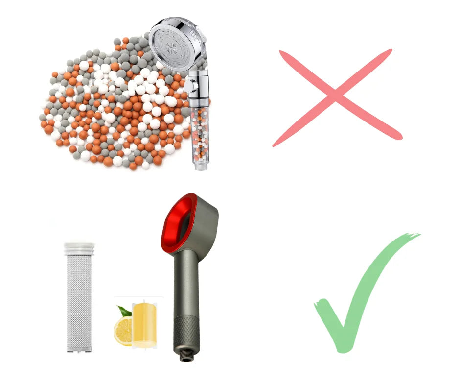 photo de comparaison avec la filtration a bille et notre filtre anti chlore et impuretés