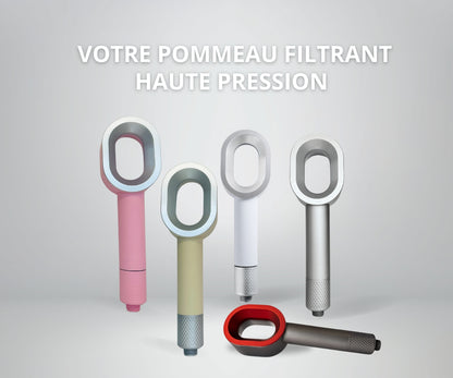 Photo de présentation du pommeau filtrant avec filtre acf design moderne filtration calcaire economiseur d'eau et haute pression prix attractif sotck en france livraison rapide, couleur sur la photo de gauche a droite : rose, beige, blanc, gris, gris antracite 